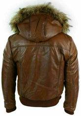 Bomber Brown Hooded Men Fur Leather Jacket